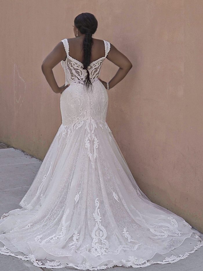 Model wearing Lace Plus Sized wedding gown Joss by Sottero and Midgley
