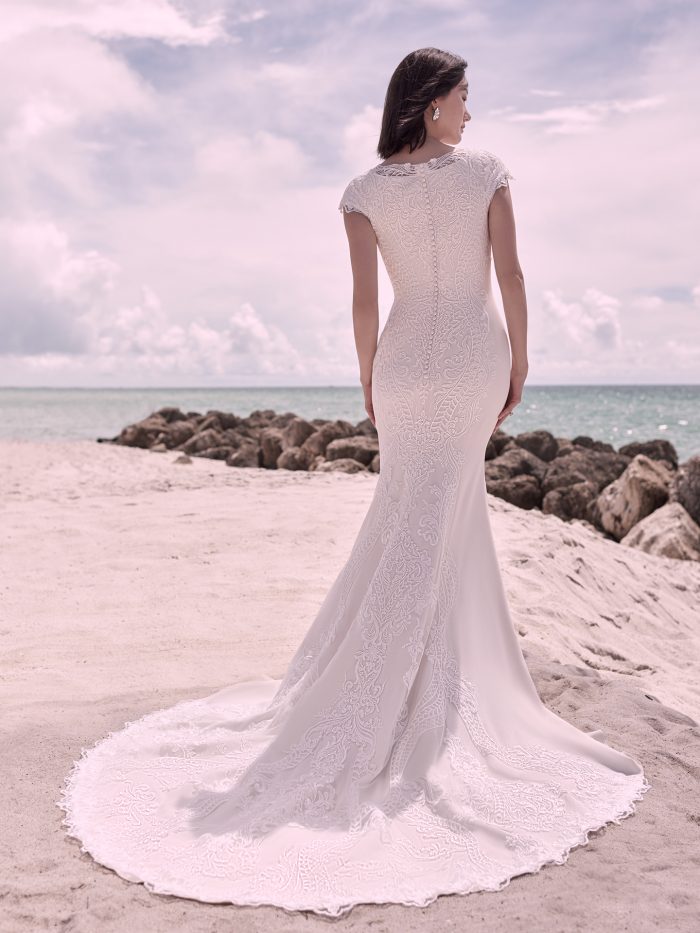 Bride Wearing Modest Unique lace wedding dress Kevyn Leigh by Sottero and Midgley