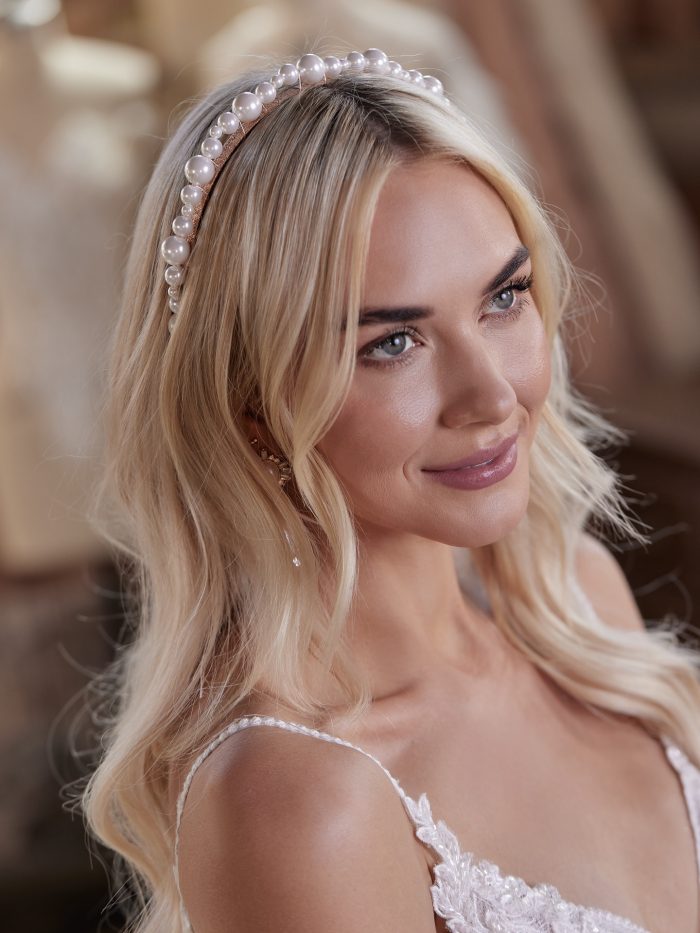 Bride Wearing Peal Bridal Headband Called Brianne by Maggie Sottero and A'El Este