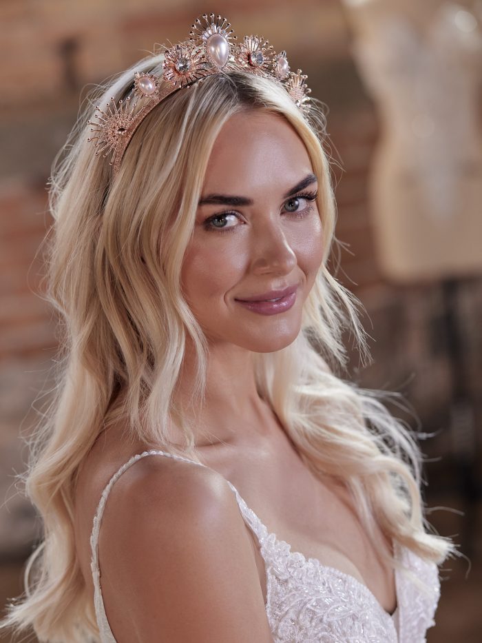 Bride Wearing Celestial-Inspired Bridal Crown Called Deandra by A'L Este and Maggie Sottero