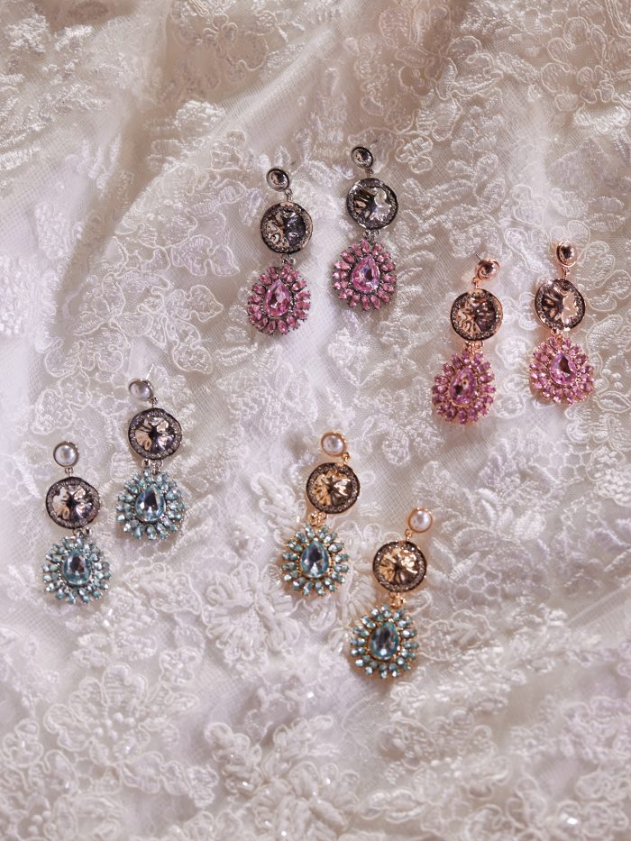 Flat Lay of Two-Tier Colored Bridal Earrings Called Eugene by A'El Este and Maggie Sottero
