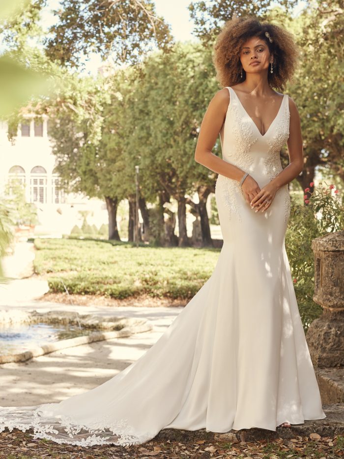 Bride Wearing Simple Crepe Wedding Dress Called Adrianna by Maggie Sottero