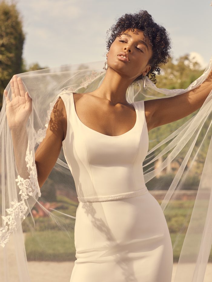 Bride Wearing Minimalist Crepe Wedding Gown with Tank Straps Called Astley by Maggie Sottero