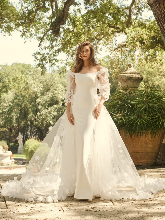 Bride Wearing 3-D Floral Bishop Sleeve Wedding Dress Called Bevan by Maggie Sottero