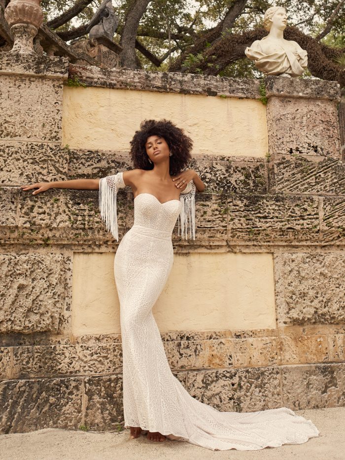 Bride Wearing Vintage Wedding Gown with Fringe Armbands Called Dover by Maggie Sottero