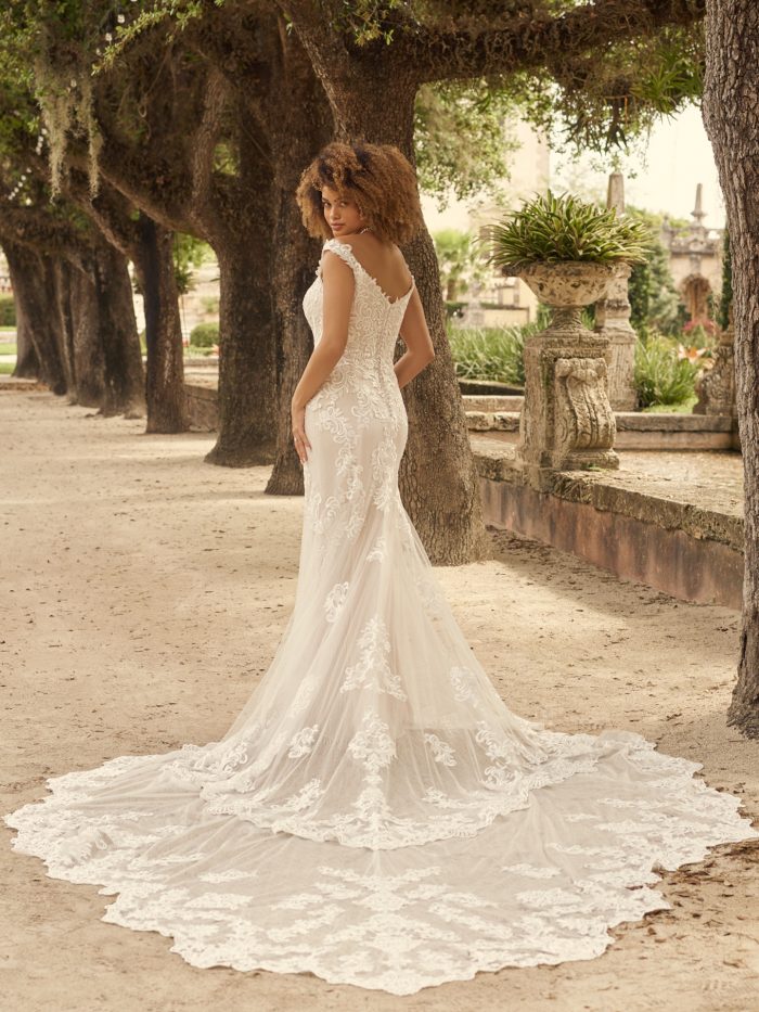 Bride Wearing Off-the-Shoulder Mermaid Wedding Gown Called Edison by Maggie Sottero