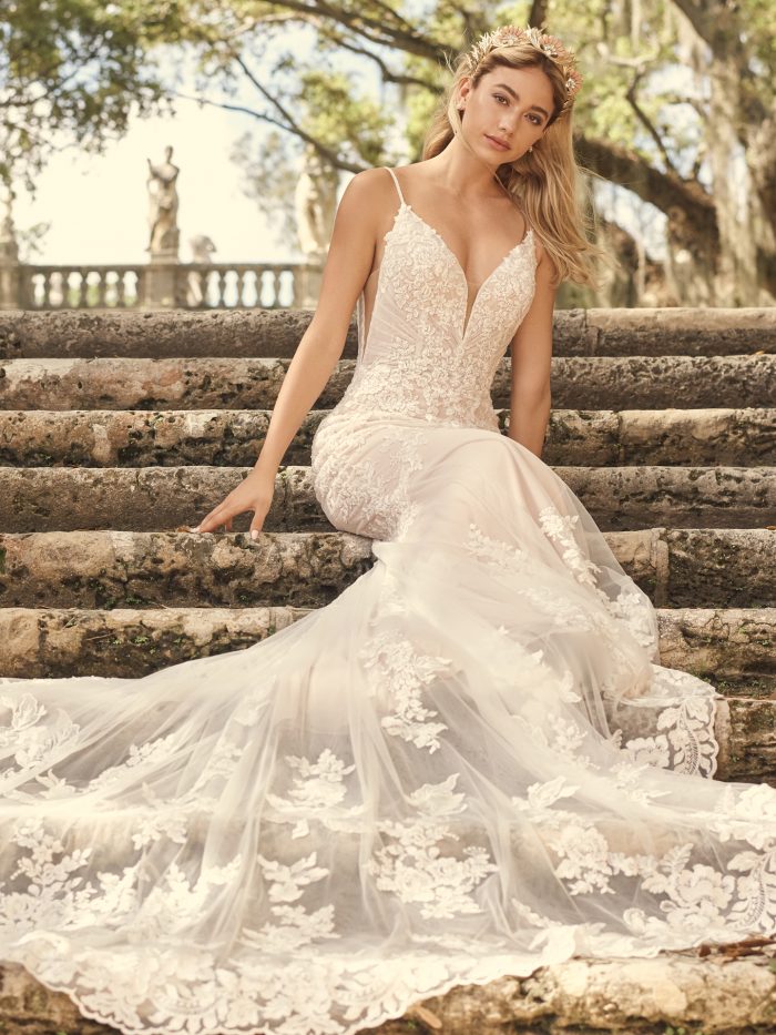 Bride Wearing Vintage Lace Wedding Dress Train Called Fontaine by Maggie Sottero