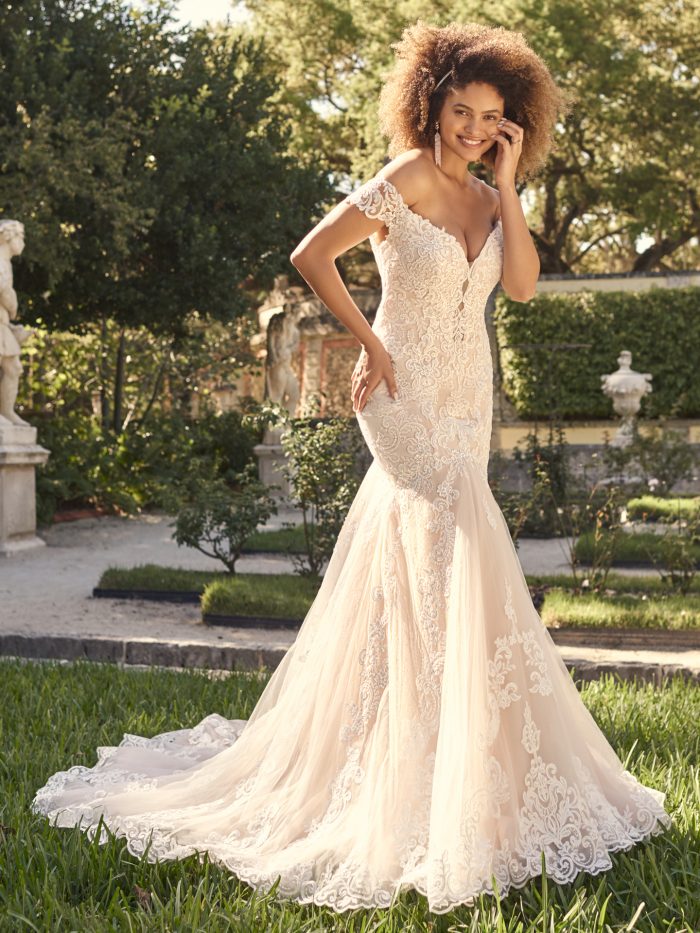 Bride Wearing Romantic Lace Fit-and-Flare Wedding Dress Called Keeva by Maggie Sottero
