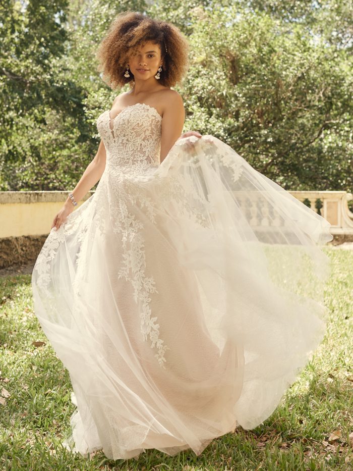 Bride Wearing Lace A-line Wedding Dress Called Nora by Maggie Sottero