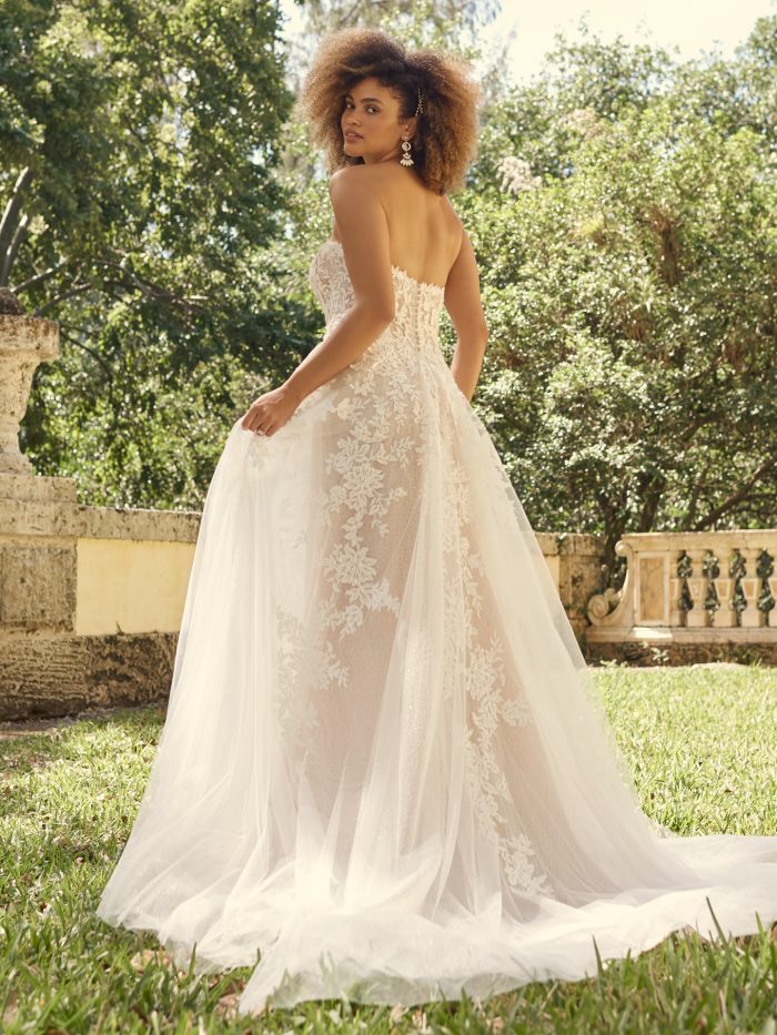 Bride Wearing Strapless Floral Wedding Dress for Full-Chested Brides Called Nora by Maggie Sottero