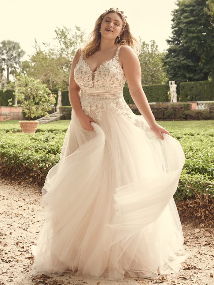 Bride Wearing Floral Plus Size A-line Wedding Dress Called Ohara by Maggie Sottero