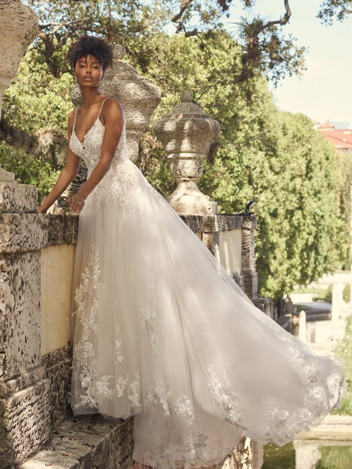 Bride Wearing Floral A-line Wedding Gown Called Pia by Maggie Sottero