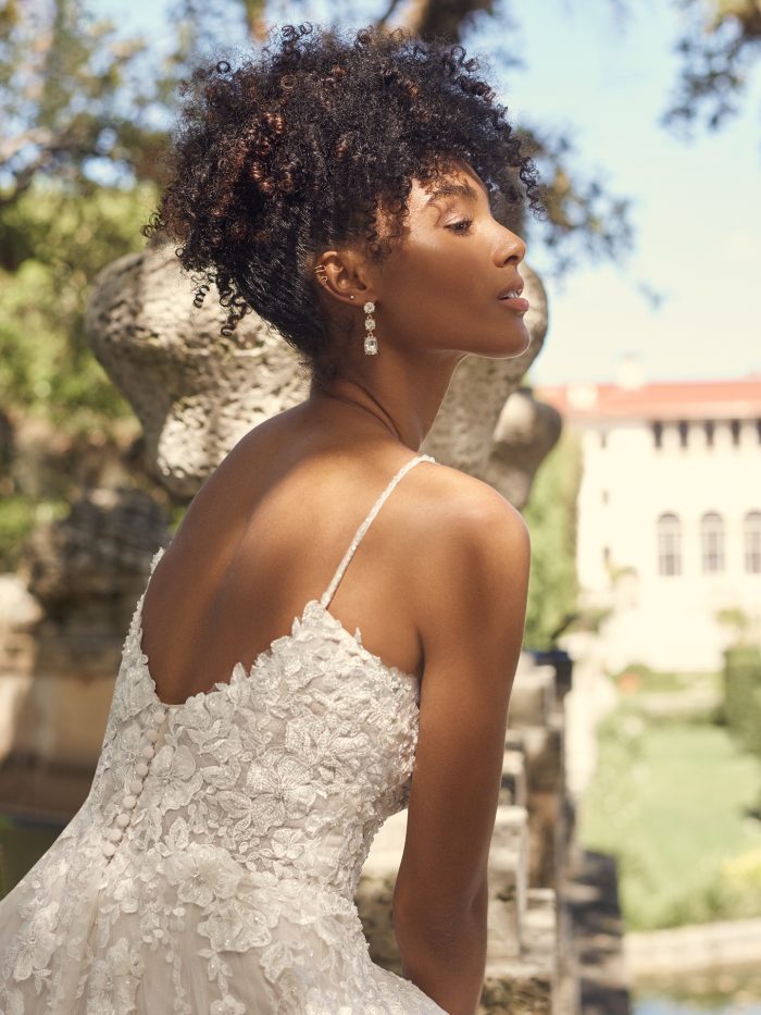 Bride Wearing Romantic A-line Wedding Dress Called Pia by Maggie Sottero