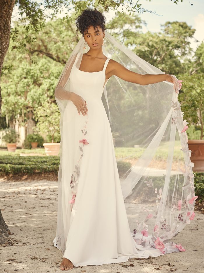 Bride Wearing Square Neck Crepe A-line Wedding Dress Called Sondra by Maggie Sottero
