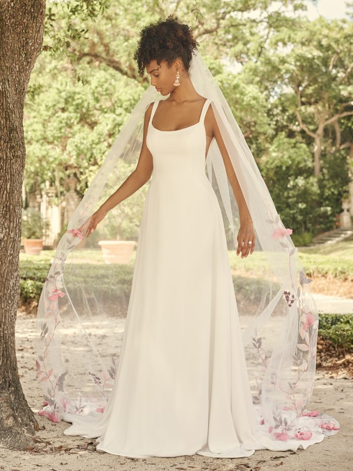 Bride Wearing Square Neck Crepe Wedding Gown for Petite Brides Called Sondra by Maggie Sottero