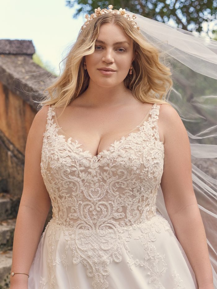 Bride Wearing Plus Size Ball Gown Wedding Dress Called Tiffany by Maggie Sottero