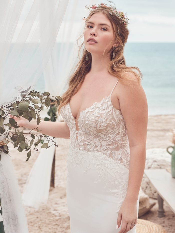 Bride Wearing Affordable Crepe Sheath Wedding Dress Called Alda by Rebecca Ingram
