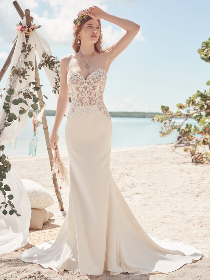 Bride Wearing Embroidered Crepe Bridal Gown Called Beverly by Rebecca Ingram