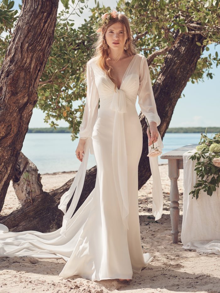 Bride Wearing Off-the-Shoulder Mermaid Wedding Gown Called Edison by Maggie Sottero