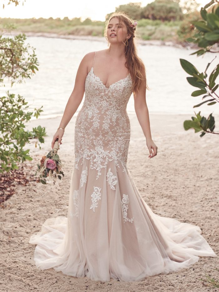 Bride Wearing Affordable Lace Mermaid Wedding Dress Called Forrest by Rebecca Ingram