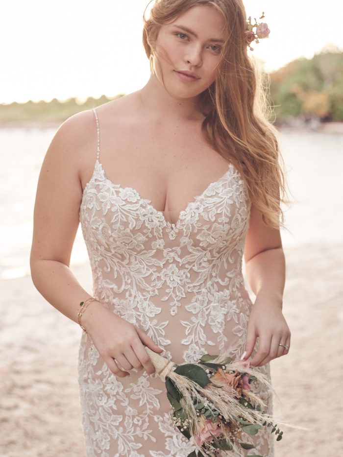 Bride Wearing Affordable Lace Mermaid Wedding Dress for Curvy Brides Called Forrest by Rebecca Ingram