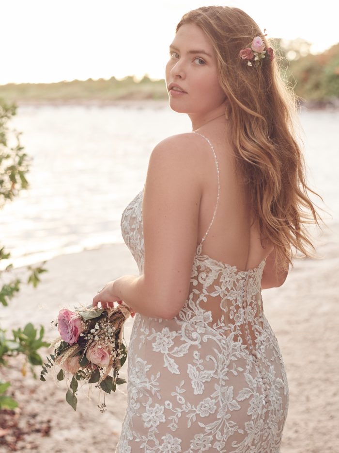 Bride Wearing Blush Mermaid Wedding Dress Called Forrest by Rebecca Ingram