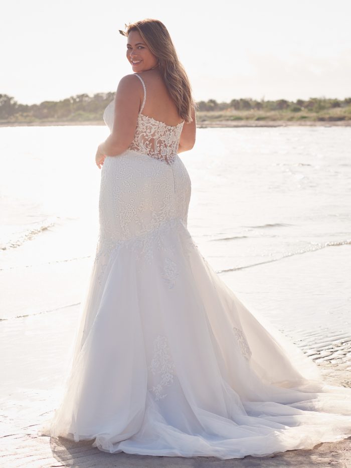 Bride Wearing Affordable Plus-Size Lace Wedding Dress Called