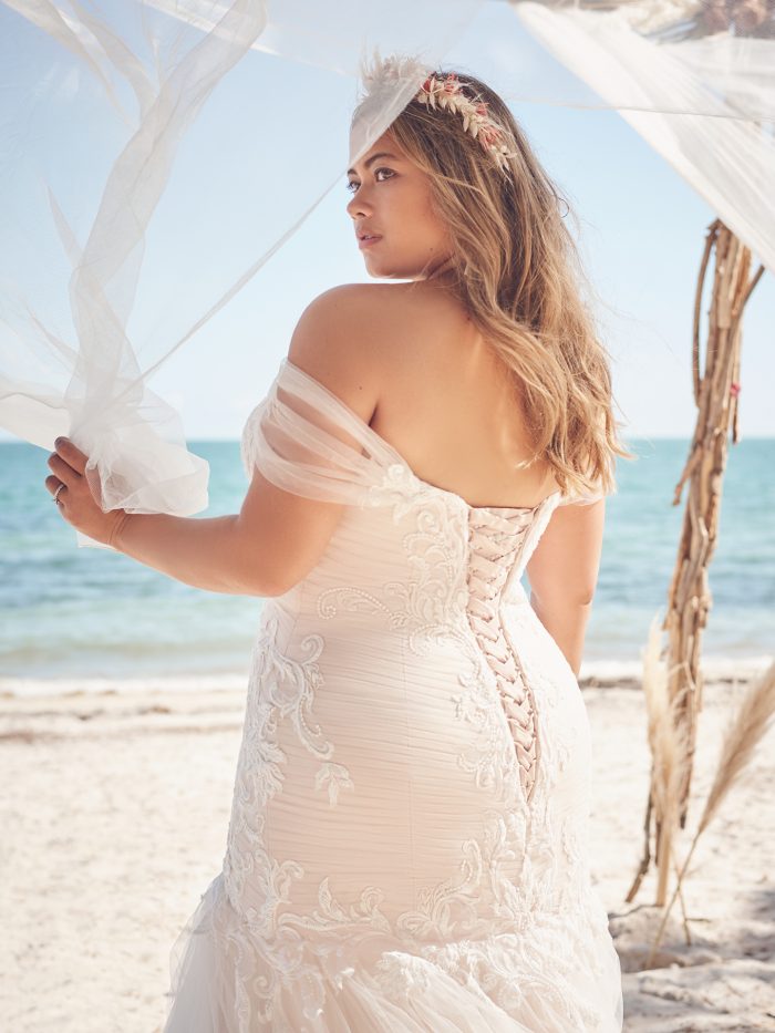 Bride Wearing Plus-Size Ruched Tulle Mermaid Wedding Gown Called Georgia by Rebecca Ingram