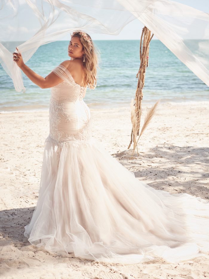 Bride Wearing Plus-Size Ruched Tulle Mermaid Wedding Gown Called Georgia by Rebecca Ingram