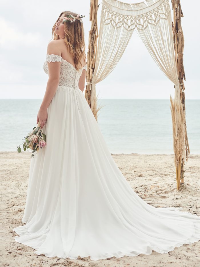 Bride Wearing Affordable Lace Beach Wedding Gown Called Heather by Rebecca Ingram