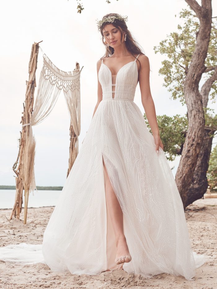 Bride Wearing Casual A-Line Wedding Dress Called Hesper by Rebecca Ingram