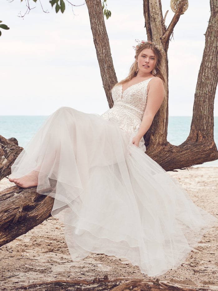 Bride on Beach Wearing Boho A-line Wedding Dress Called Isabella by Rebecca Ingram