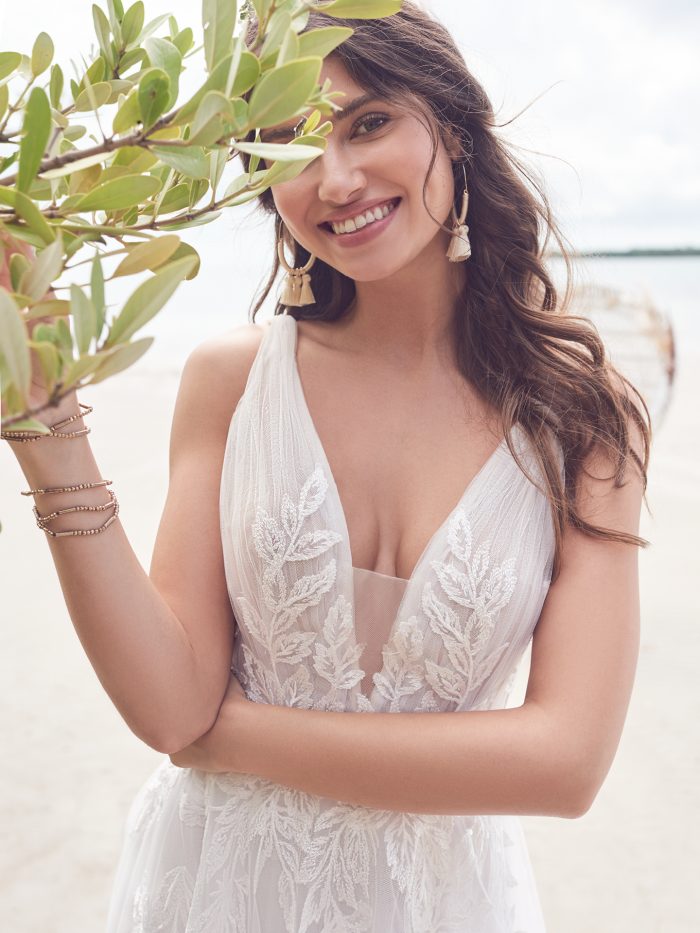Bride Wearing Affordable Nature-Inspired Wedding Dress Called Jenessa by Rebecca Ingram