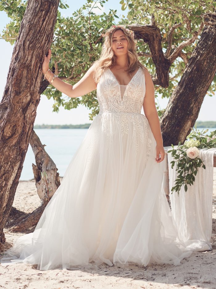 Bride Wearing Affordable Plus-Size A-Line Wedding Dress Called Jenessa by Rebecca Ingram