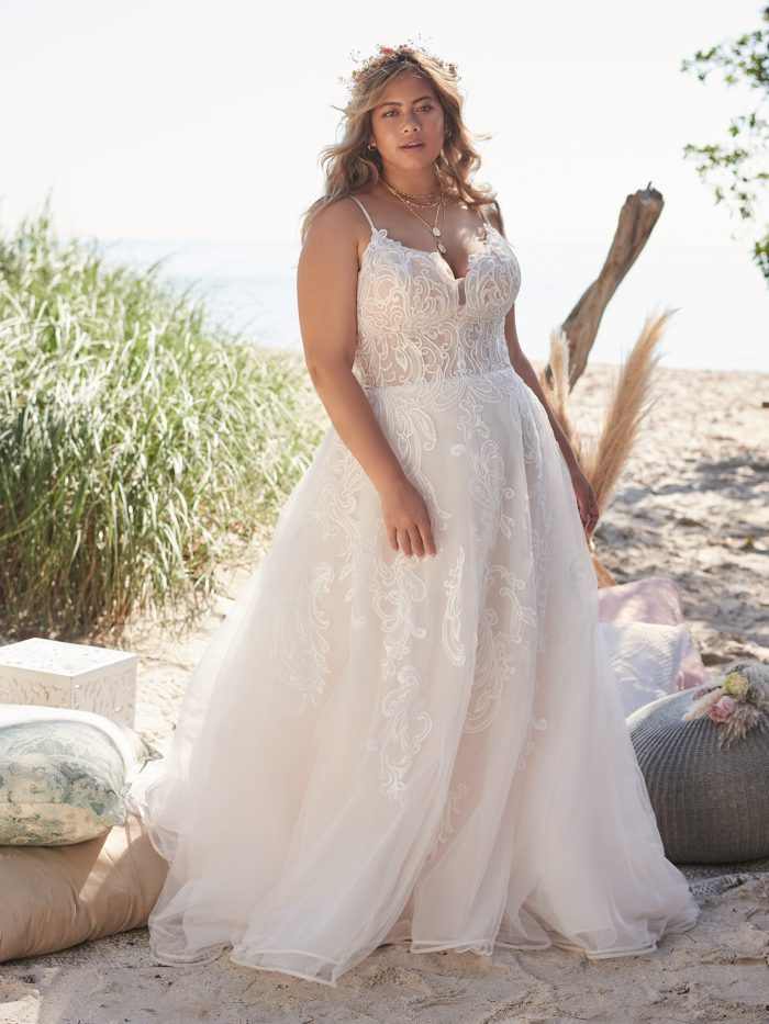 Bride Wearing Lace Plus Size A-line Wedding Dress Called Katiya by Rebecca Ingram