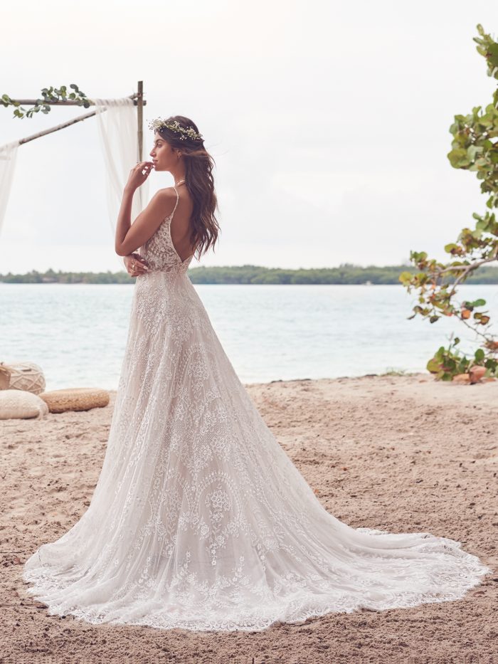 Bride Wearing Boho Lace Wedding Dress Called Keating by Rebecca Ingram