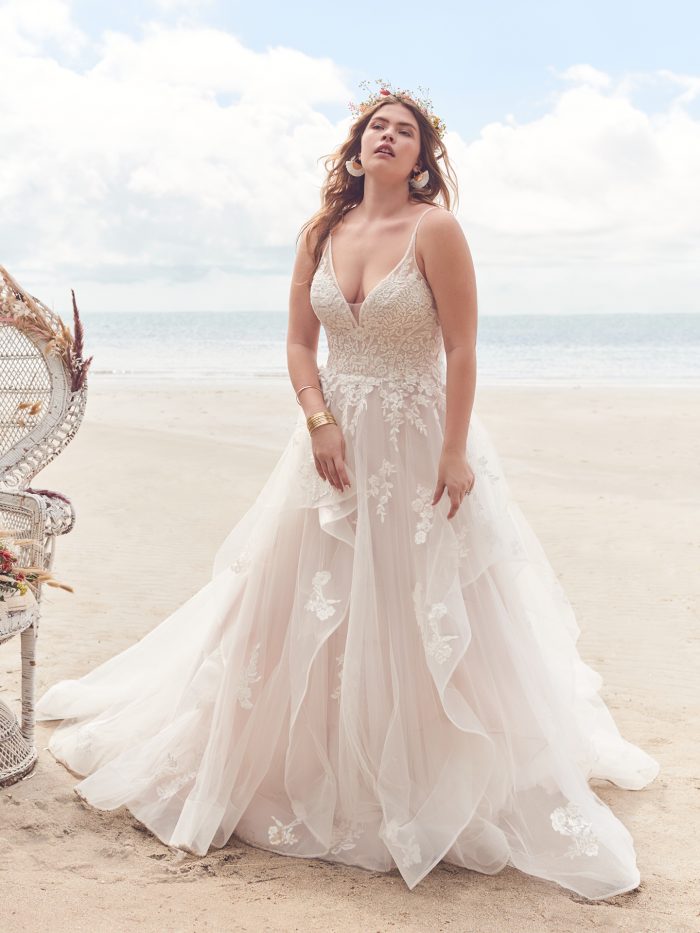 Bride Wearing Ruffled Ball Gown Wedding Dress for Pear-Shaped Body Types Called Lettie by Rebecca Ingram