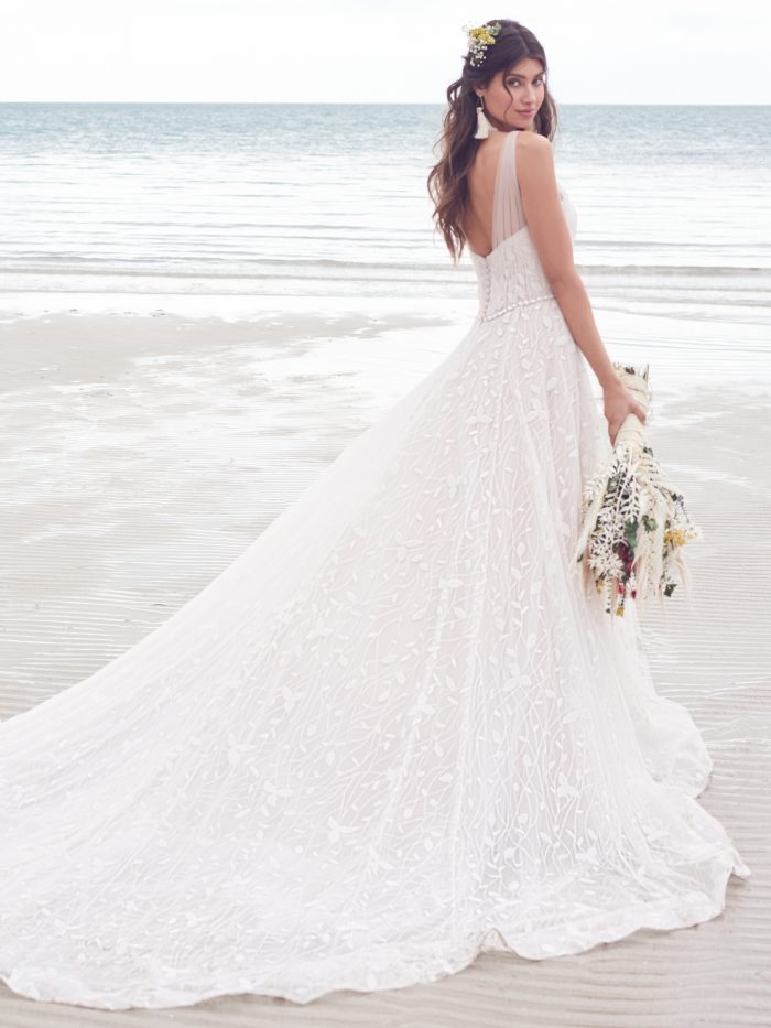 Bride Wearing Gown With Unique Lace On A Beach Called Sigrid By Rebecca Ingram