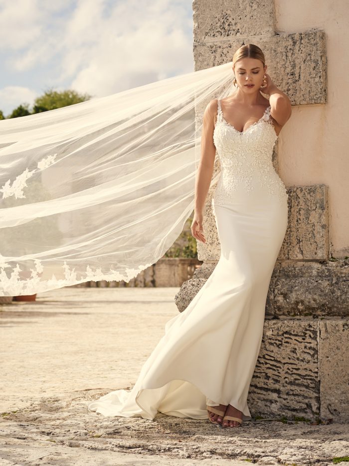 3-D Floral Crepe Sheath Wedding Gown Called Arta by Sottero and Midgley