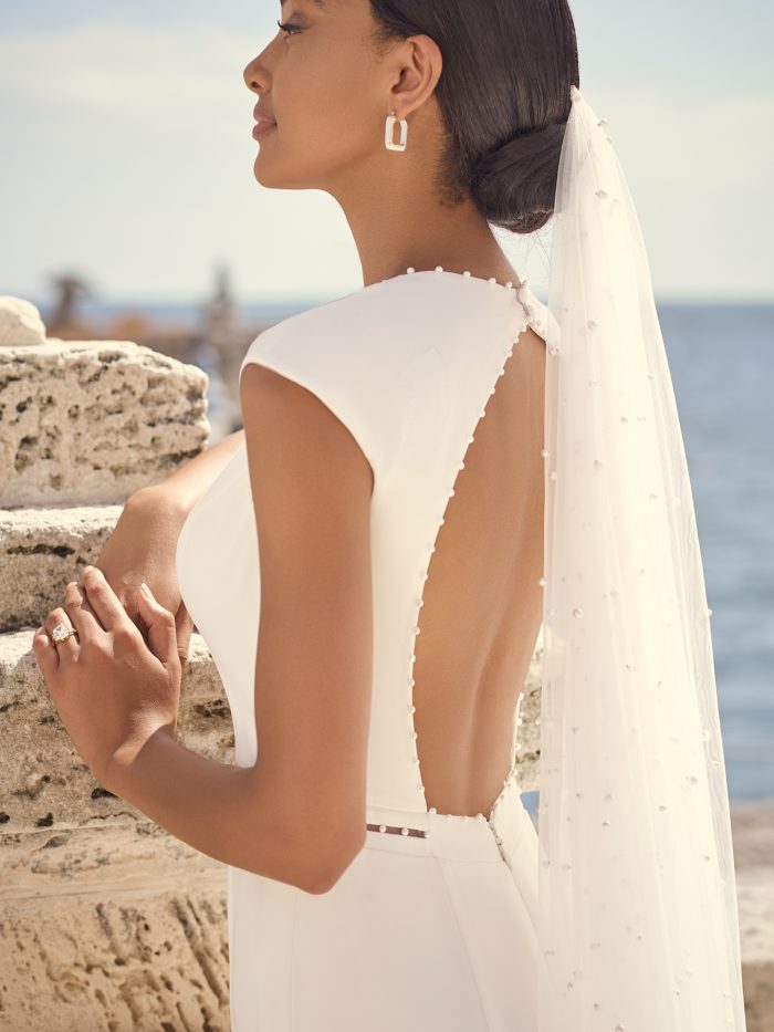 Bride Wearing Vintage Cap-Sleeve Keyhole Back Bridal Gown Called Austin by Sottero and Midgley