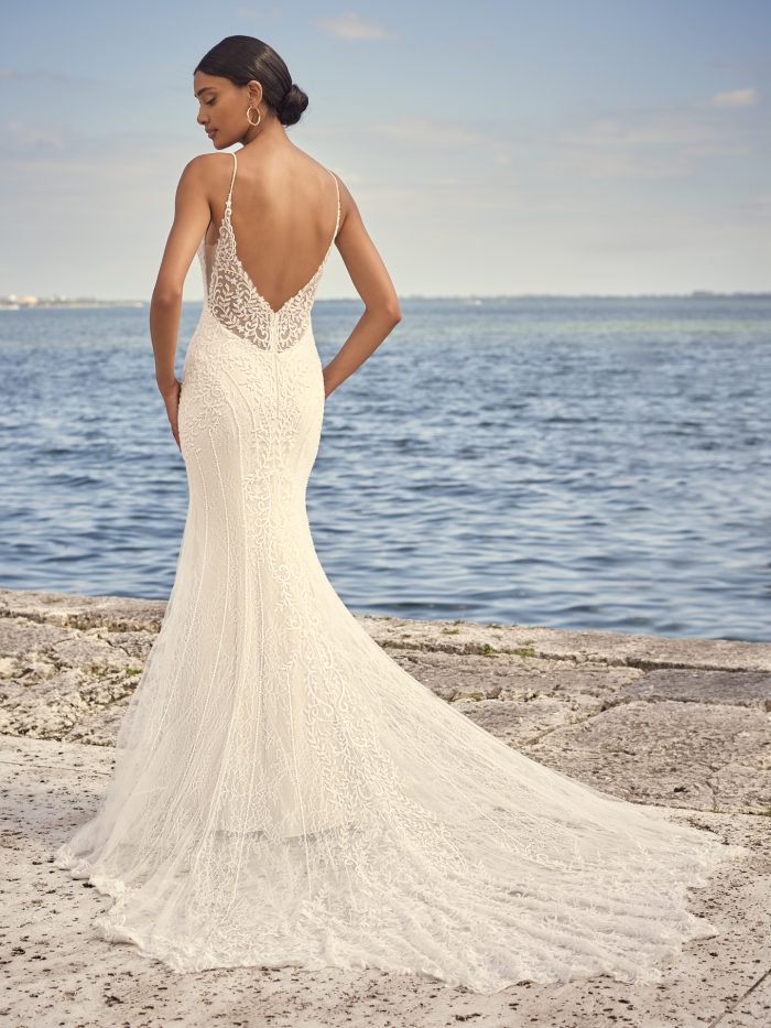 Bride Wearing Low Back Sheath Wedding Dress Called Barrett by Sottero and Midgley