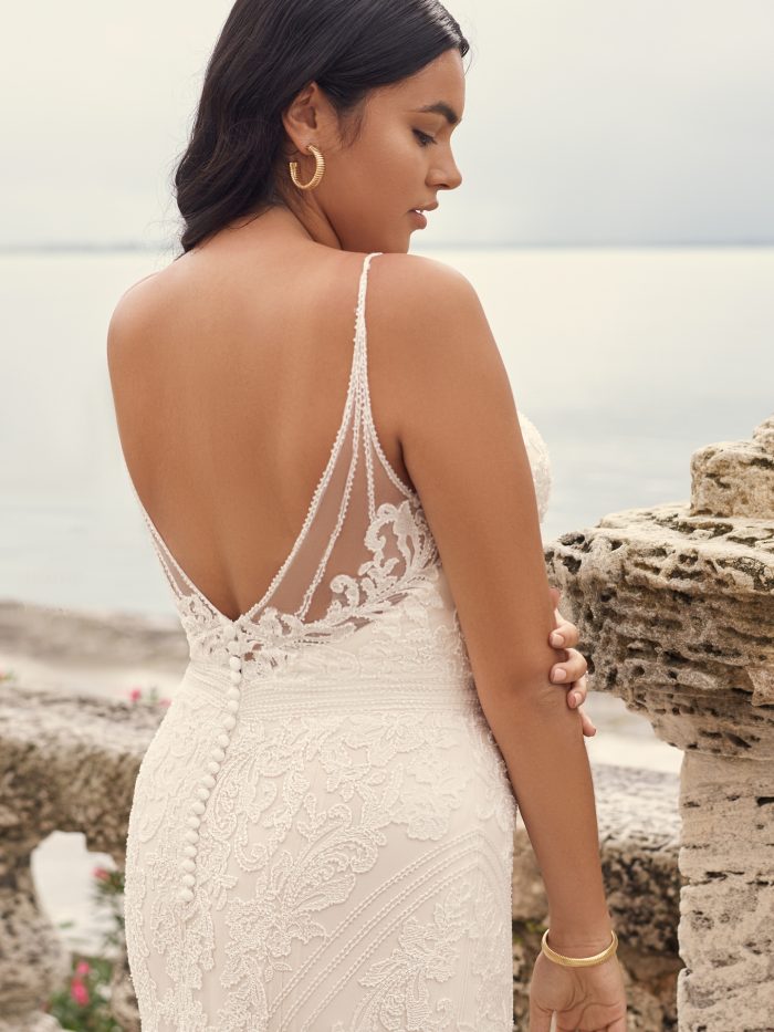 Bride Wearing Plus-Size Lace Fit-and-Flare Wedding Dress Called Cambrie by Sottero and Midgley