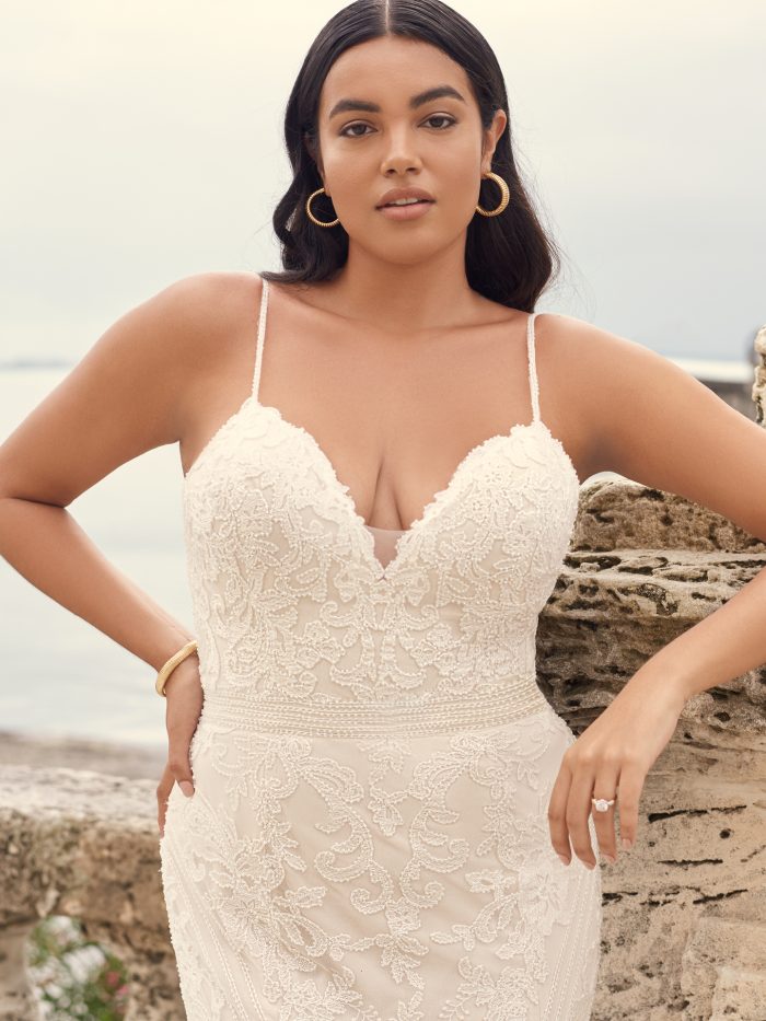 Bride Wearing Plus-Size Lace Fit-and-Flare Wedding Dress Called Cambrie by Sottero and Midgley