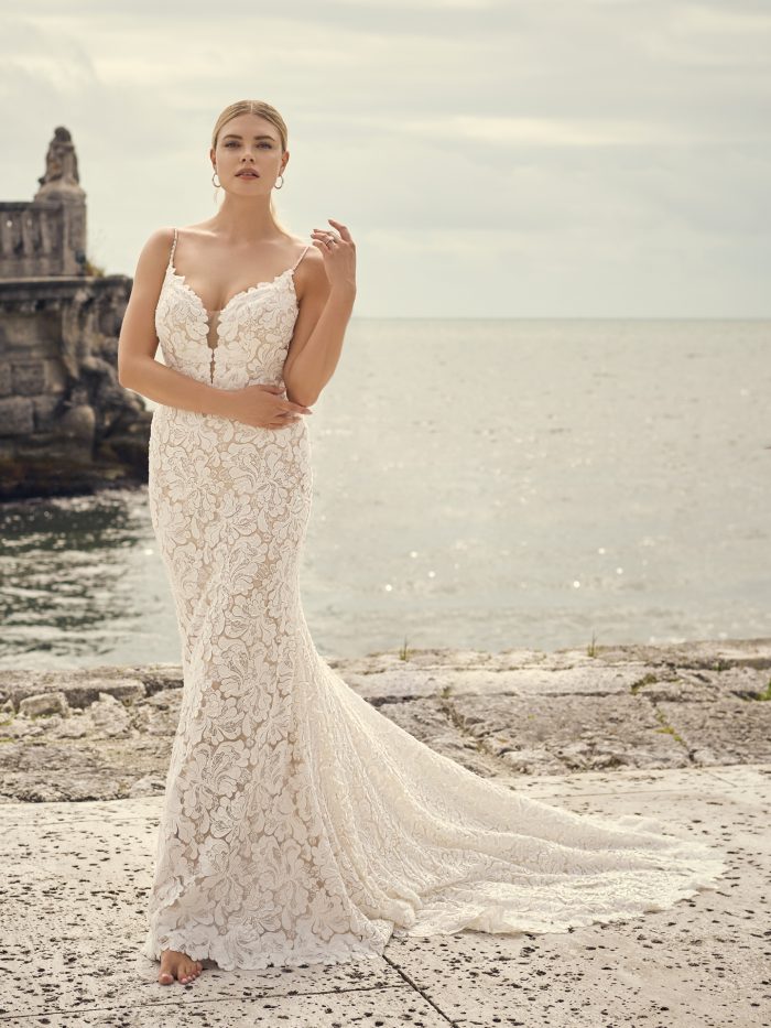 Bride Wearing Athletic Fit-and-Flare Wedding Dress by Sottero and Midgley for Brides with Rectangle Body Types