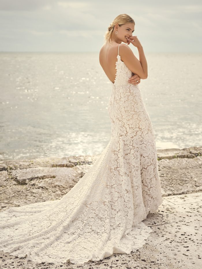 Bride Wearing Athletic Fit-and-Flare Wedding Dress by Sottero and Midgley for Brides with Rectangle Body Types