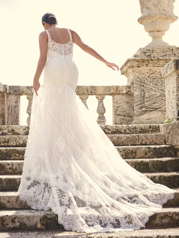 Bride Wearing Lace Sheath Plus-Size Wedding Dress Called Dublin Lynette by Sottero and Midgley