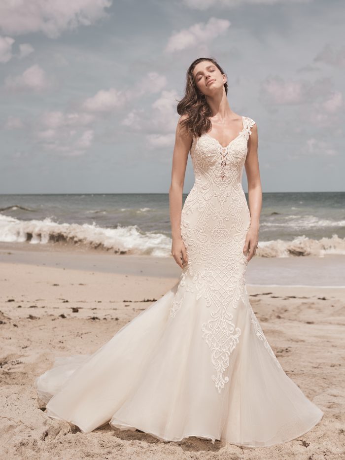 Bride on Beach Wearing Sparkly Sheath Wedding Gown Called Jada by Sottero and Midgley