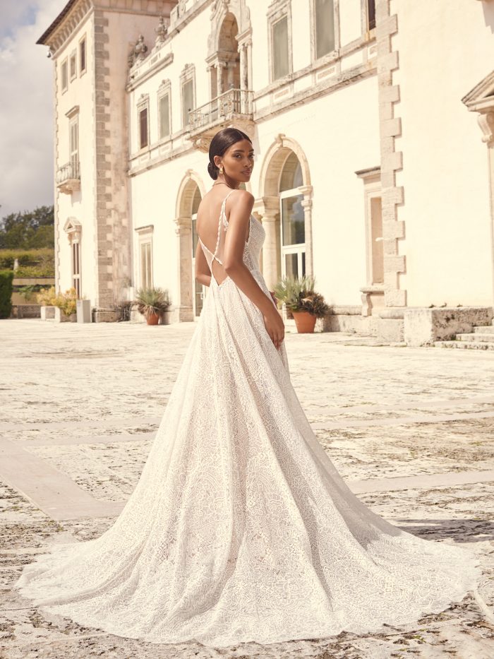 Bride Wearing Keyhole Back A-line Wedding Dress for Small-Chested Brides Called Petra by Sottero and Midgley
