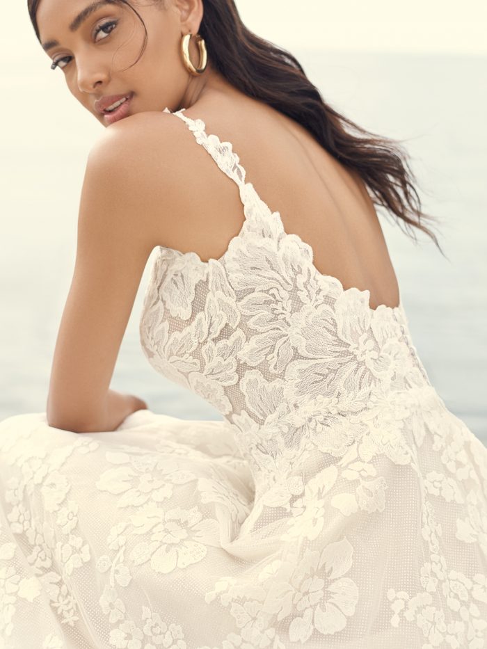 Bride Wearing Open Back Wedding Dress for Petite Brides Called Sawyer by Sottero and Midgley