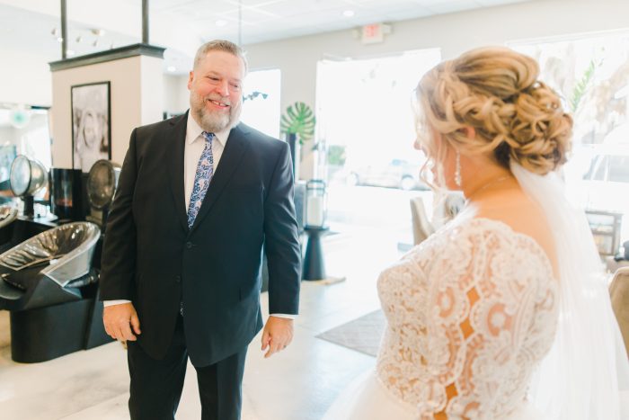 Bride In Wedding Dress Called Mallory Dawn By Maggie Sottero With Father Of The Bride During First Look